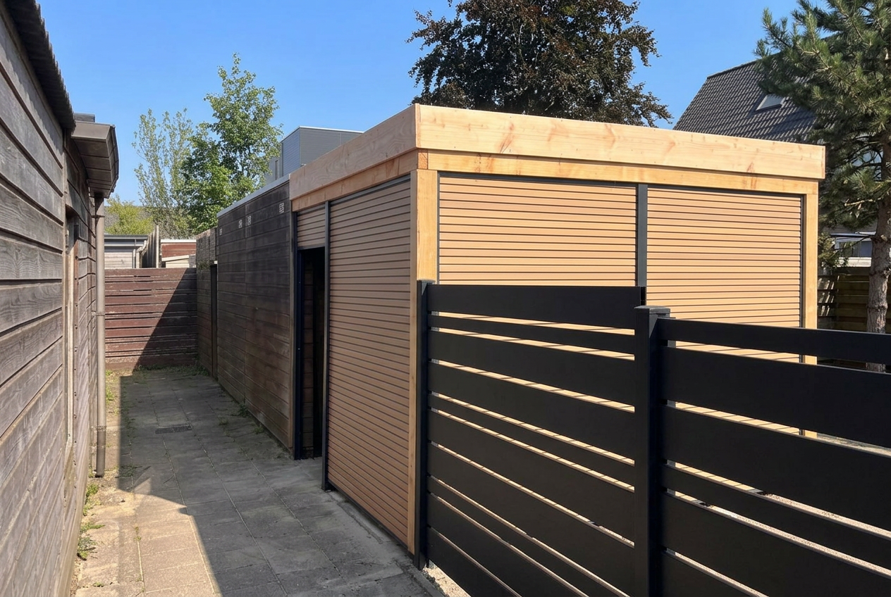 Nieuwe houten schuur met beige sectionaaldeur, op maat getimmerd